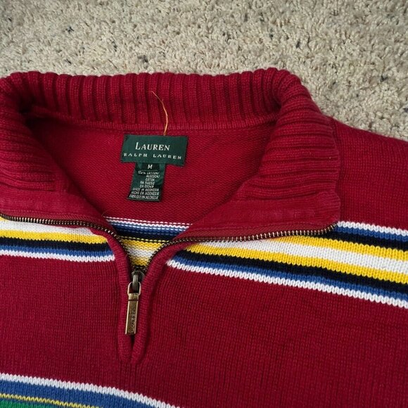 Lauren Ralph Lauren Sweater Striped Colorful Medium Cotton Oversized 1/4 Zip - Picture 7 of 13
